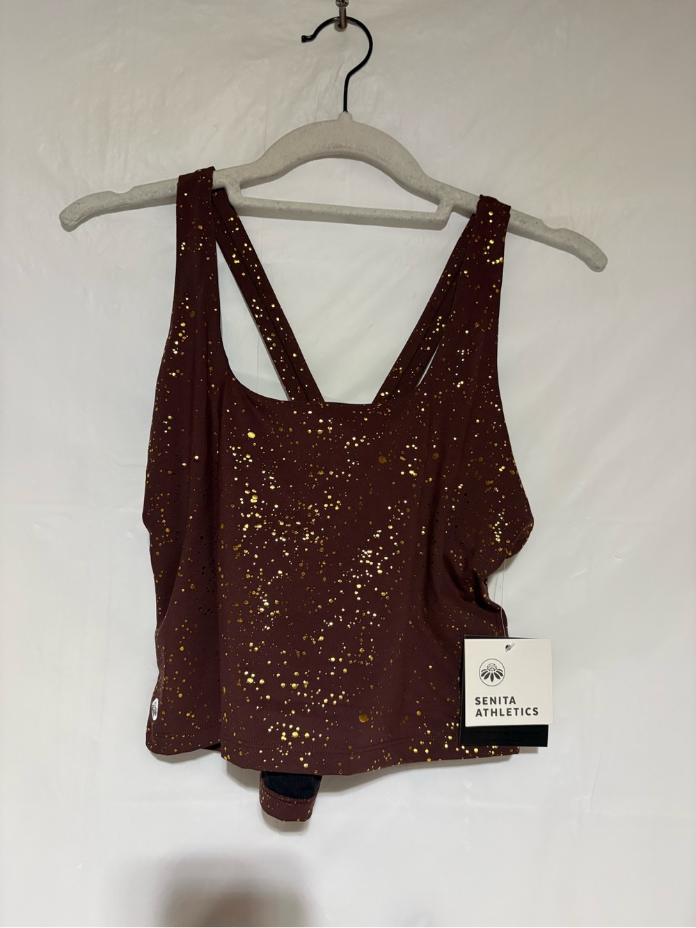 Senita Athletics Burgundy Tank /sports bra with Gold Splatter